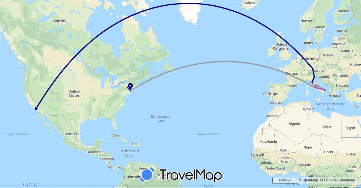 TravelMap itinerary: driving, plane, train in Germany, Italy, United States (Europe, North America)